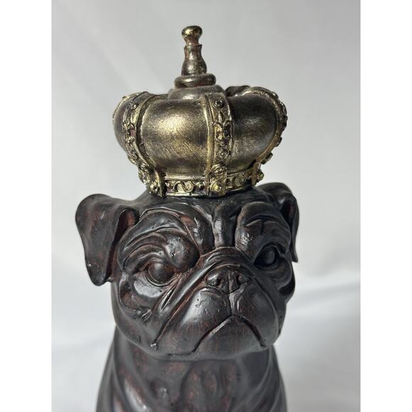 The King of Pet Statue Pug Dog with Golden Crown Bronze Looking 11.5” Bull Dog - Picture 2 of 6